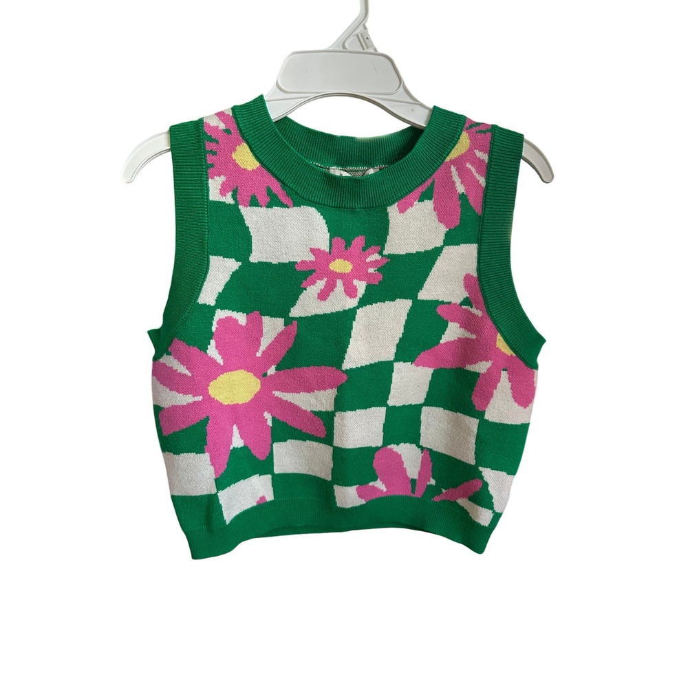 Baevely Womens Sleeveless Floral Checkered Knit Crop Sweater Vest Green Pink